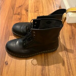 Dr. Martens Black Leather Lace-Up Ankle Boots with Yellow Stitching